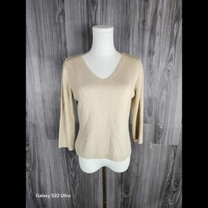 Takeout Womens Beige Ribbed V-Neck Sweater 3/4 Sleeve Pullover Tan Large 12791K